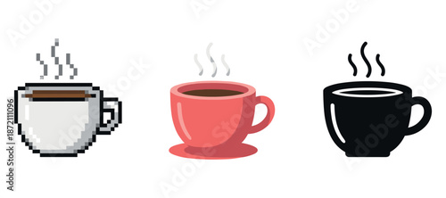 Three digital coffee cup icons in pixel, flat, and silhouette styles