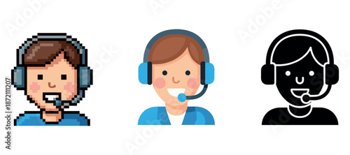 Set of customer service avatars: pixel, flat, silhouette designs