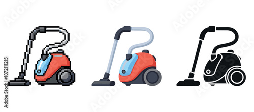 Pixel art, flat, and silhouette styles of red vacuum cleaner icons