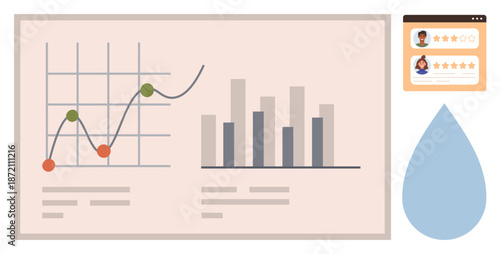 Business analytics, data management, performance tracking, customer feedback, digital tools, statistics. Line chart, bar graph user rating interface in flat design. Business analytics and data