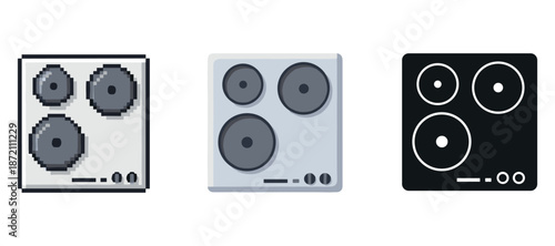 Triptych of three modern stovetop designs: pixel art, digital, and minimalist silhouettes