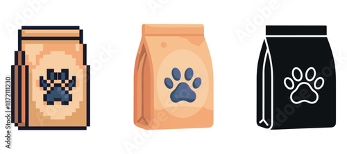 Set of different dog food bags with unique paw print designs