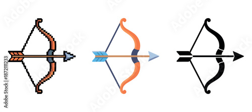 Set of three stylized bows with arrows: pixelated, colorful, and silhouette designs