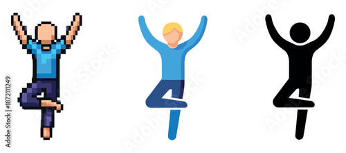 Male figures in various styles balancing in tree pose on white background