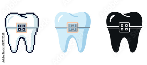 Pixelated, vector, and silhouette tooth with braces icons in various styles