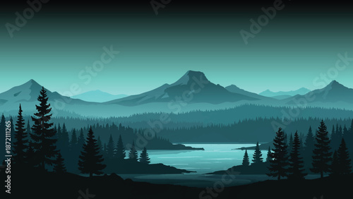 A serene mountain landscape with a dark forest and calm lake in shades of blue