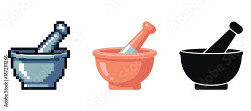 Pixelated, cartoon, and silhouette mortars and pestles in varied styles
