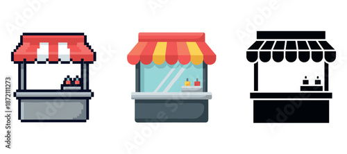 Colorful market stalls in pixelated, flat, and silhouette styles