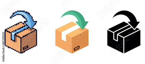 Three stylized box icons with arrows indicating different action directions