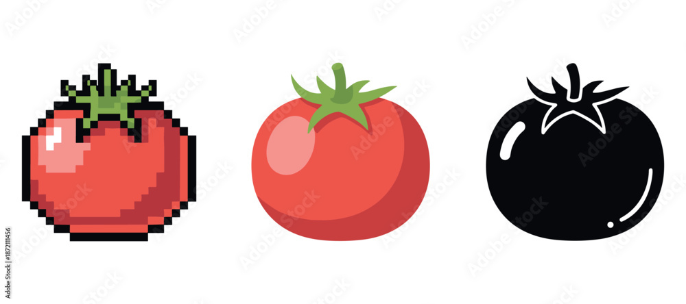 Fototapeta premium Pixelated, cartoon, and silhouette tomato trio illustrations on white background