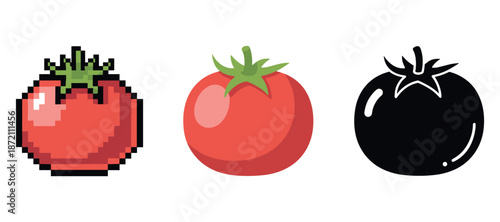 Pixelated, cartoon, and silhouette tomato trio illustrations on white background
