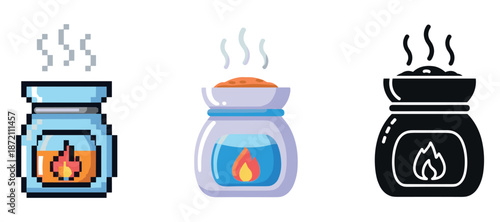 Pixel art, flat, and silhouette wax warmers with steam and flame designs