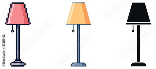 Set of three table lamps: pixel art, cartoon, silhouette design styles