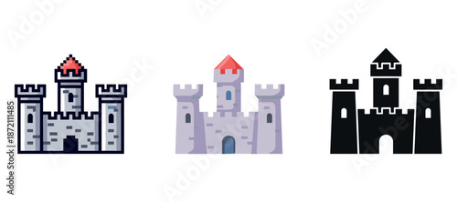 Three stylized castle icons with towers and drawbridges