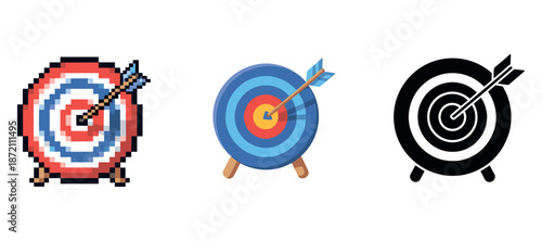 Three stylized target icons with arrows in pixel, modern, and silhouette designs