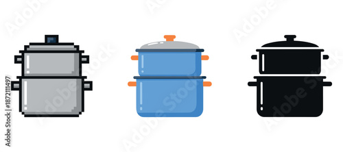 Set of three colorful cooking pots with different designs and handles