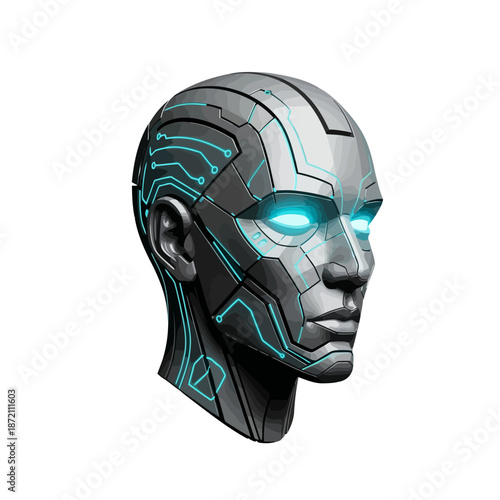 Futuristic robotic head with glowing blue eyes and integrated circuit patterns on a white background symbolizing artificial intelligence and advanced technology