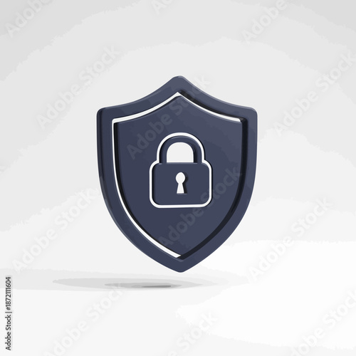 Dark blue shield emblem with a white outline of a padlock symbol representing security protection and digital safety for data and privacy concepts