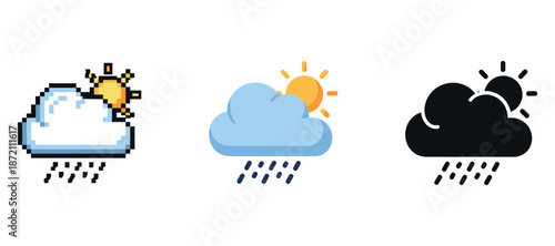 Weather icons: pixelated, minimalist, and silhouette cloud with sun and rain