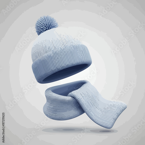 Cozy knitted winter hat with pompom and matching scarf in a soft pastel blue gradient suspended in a clean studio environment with soft lighting