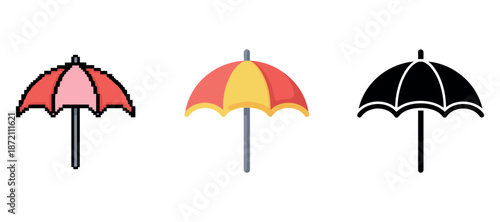 Pixelated, colored, and silhouette umbrella icons on white background