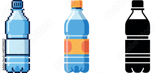 Pixel, cartoon, and silhouette: diverse representations of water bottles