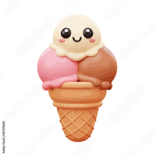 Adorable kawaii ice cream cone with three scoops of vanilla pink and chocolate flavors featuring a cute smiling face and rosy cheeks on a white background