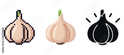 Pixelated, flat, and silhouette garlic icons: diverse art styles
