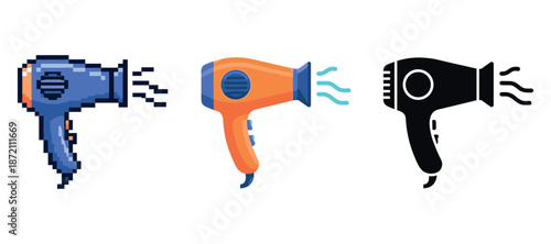 Three hairdryer styles: pixel art, modern design, and silhouette illustration