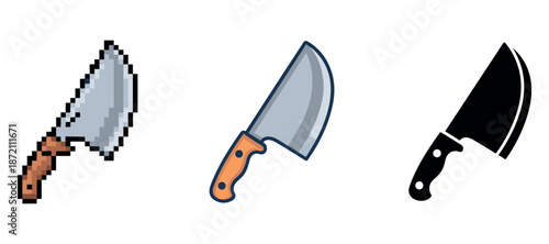 Three cleaver icon variations: pixelated, cartoon, silhouette designs with wooden and black handles