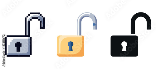 Three styles of unlocked padlocks: pixel art, flat design, silhouette on white background