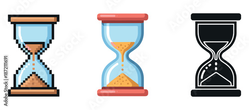 Pixel art, cartoon, and silhouette hourglass designs on white background