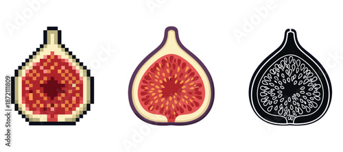Three figs: pixelated, realistic, and outline illustrations on white background