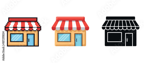 Trio of storefront icons: pixel, flat, and silhouette styles