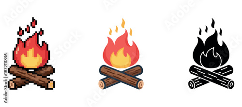 Three stylized campfire icons: pixelated, colored, and monochrome designs