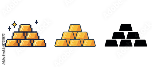 Pixel art gold bars: shiny, classic, and silhouette variations on white background