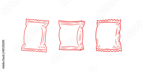 Three red snack bag outline sketches isolated on white background plastic food packaging