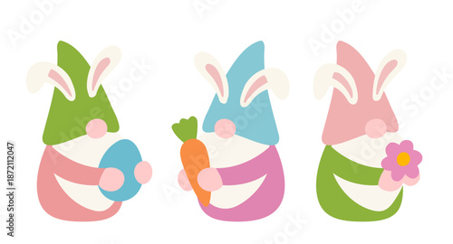 Easter gnome decorated with bunny ears flat vector illustration set.
Cute spring gnome characters Clip art.
White background.