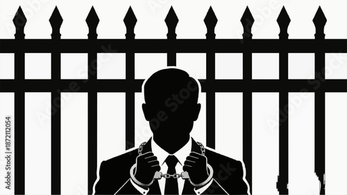 Criminal businessman in handcuffs behind bars