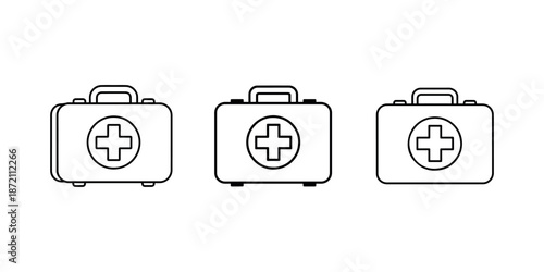 Three black line art icons of a medical first aid kit on white background