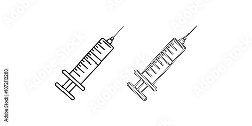 Two black line art icons of a medical syringe with needle on white background