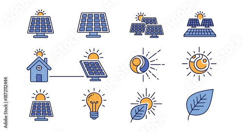 Solar energy generation and application illustrated with panels suns and powered devices
