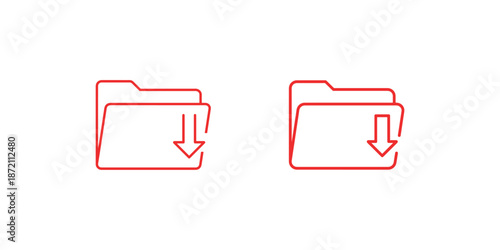 Pair of red line icons representing download folder objects for file transfer graphic