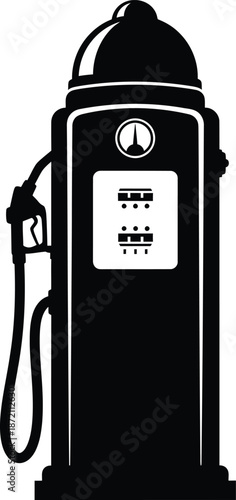 Antique vintage gas pump with a weathered nozzle and hose at an old service station provides retro gasoline and diesel fuel for petroleum industry transportation