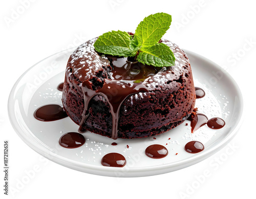 Rich chocolate lava cake on a white plate with mint garnish, dark sauce drizzle