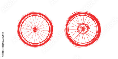 Two bicycle wheels with spokes, one featuring a disc brake, in a red sketch style