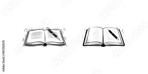 Two open books with pens resting on pages, depicted in a classic hand-drawn illustration style