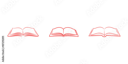 Set of three simple line art drawings depicting open books with pages spread wide