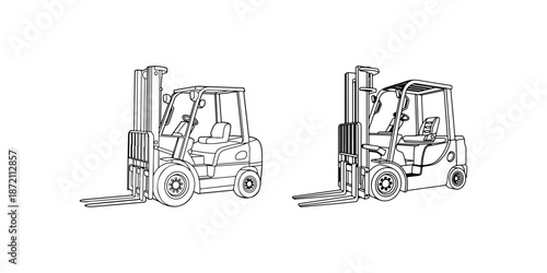Two detailed black and white line drawings of industrial counterbalance forklift trucks