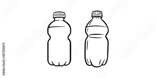 Outline icons of two plastic beverage bottles with caps isolated on white background